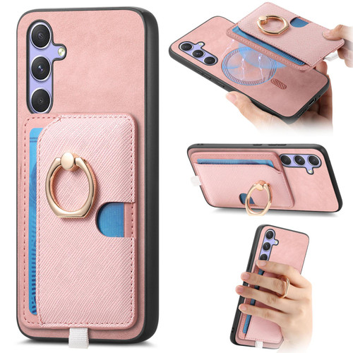 Samsung Galaxy A16 5G Retro Cross Leather Ring Side Insert Card Bag MagSafe Phone Case - Pink